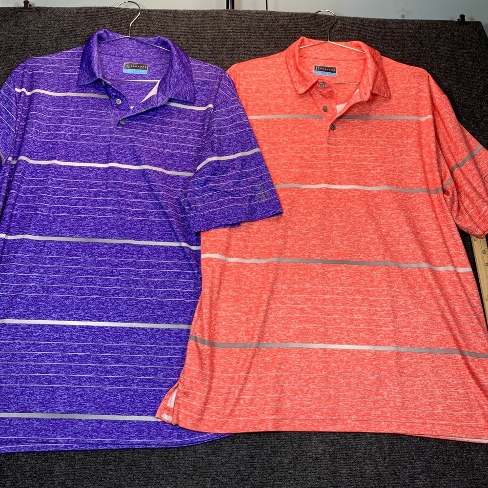 2 - PGA Tour Polo Golf Shirt XL Purple Orange Reflective Striped Performance